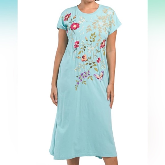 Johnny Was Osaka Embroidered Relaxed Cotton Knit Dress in Marine Blue Medium - Picture 2 of 10